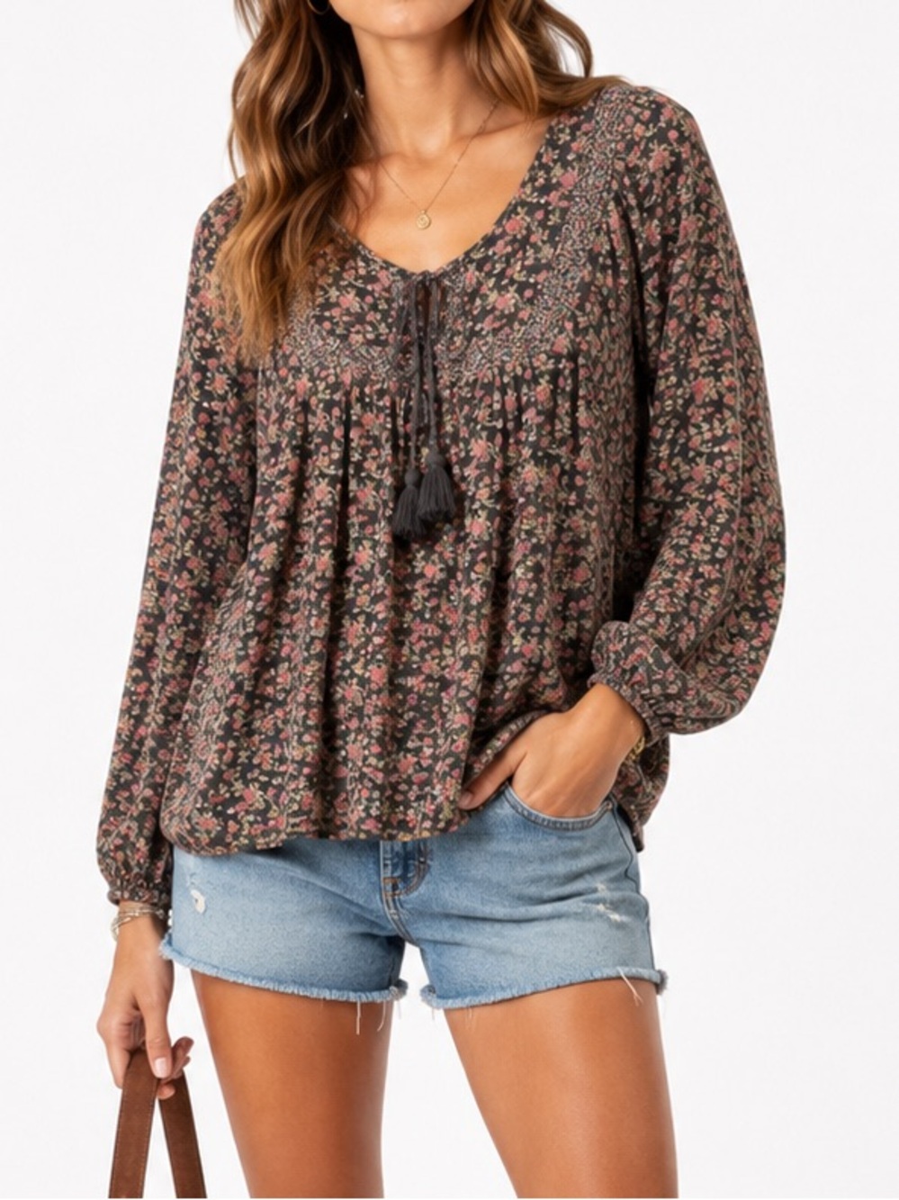 LUCKY BRAND Women’s Long Sleeve Mix Print Peasant Blouse-Black Multi-Size Small